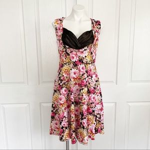 Retro Floral Pink & Black A-Line Swing Dress